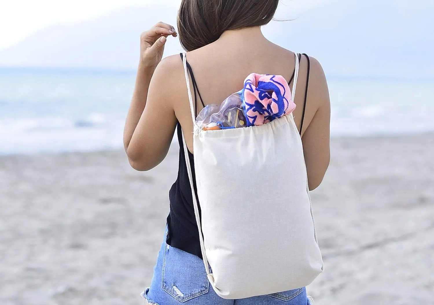 TBF Cotton Drawstring Backpack Gym Sack Canvas Cinch Sport Pack for Men, Women - Set of 12, Natural