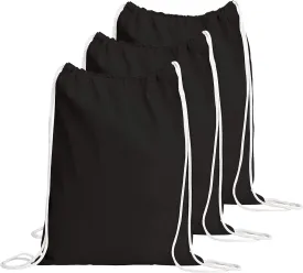 TBF Cotton Drawstring Backpack Gym Sack, Canvas Cinch Sport Pack for Men, Women - Set of 3, Black
