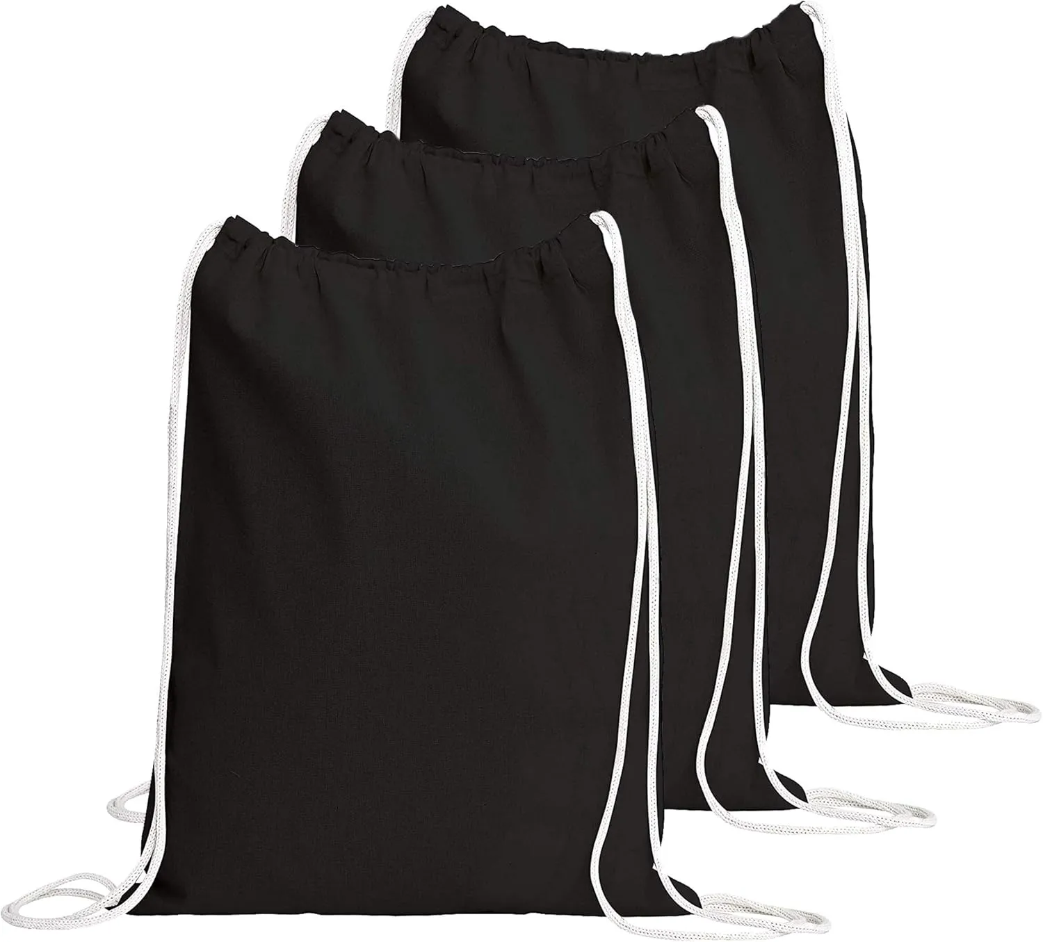 TBF Cotton Drawstring Backpack Gym Sack, Canvas Cinch Sport Pack for Men, Women - Set of 3, Black
