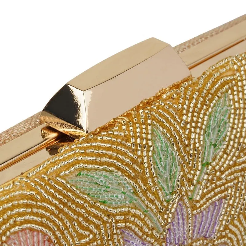 THE CLOWNFISH Anmol Collection Womens Party Clutch Ladies Wallet with Chain Strap Evening Sling Bag with Fashionable Beads Work Floral Design (Golden)