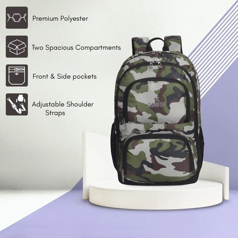 THE CLOWNFISH Cadet Polyester Laptop Backpack - Water-Resistant, Adjustable Straps | 32.5 Litres | Camo Green