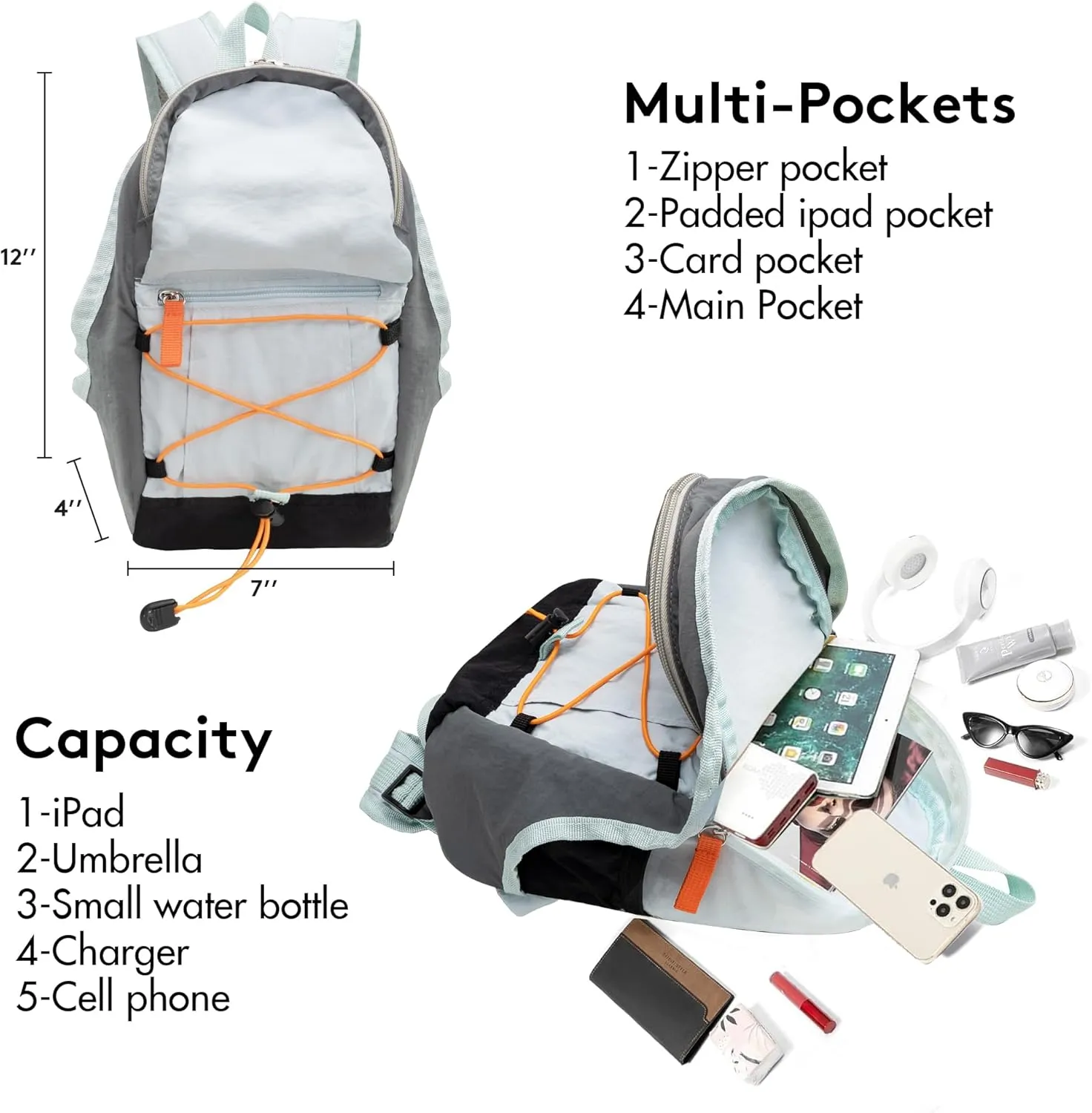 Tilami Mini Backpack for Women and Men, 12inch Casual Daypack Backpacks for Travel,Light Blue