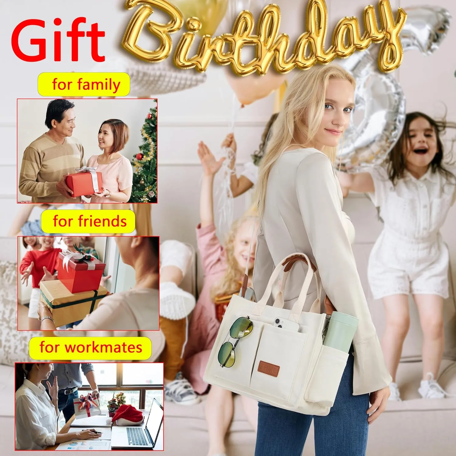Tote Bag for Women With Compartments,Large Canvas Tote Women's Purse Crossbody Bags Work Laptop Book Bag Satchels Handbags