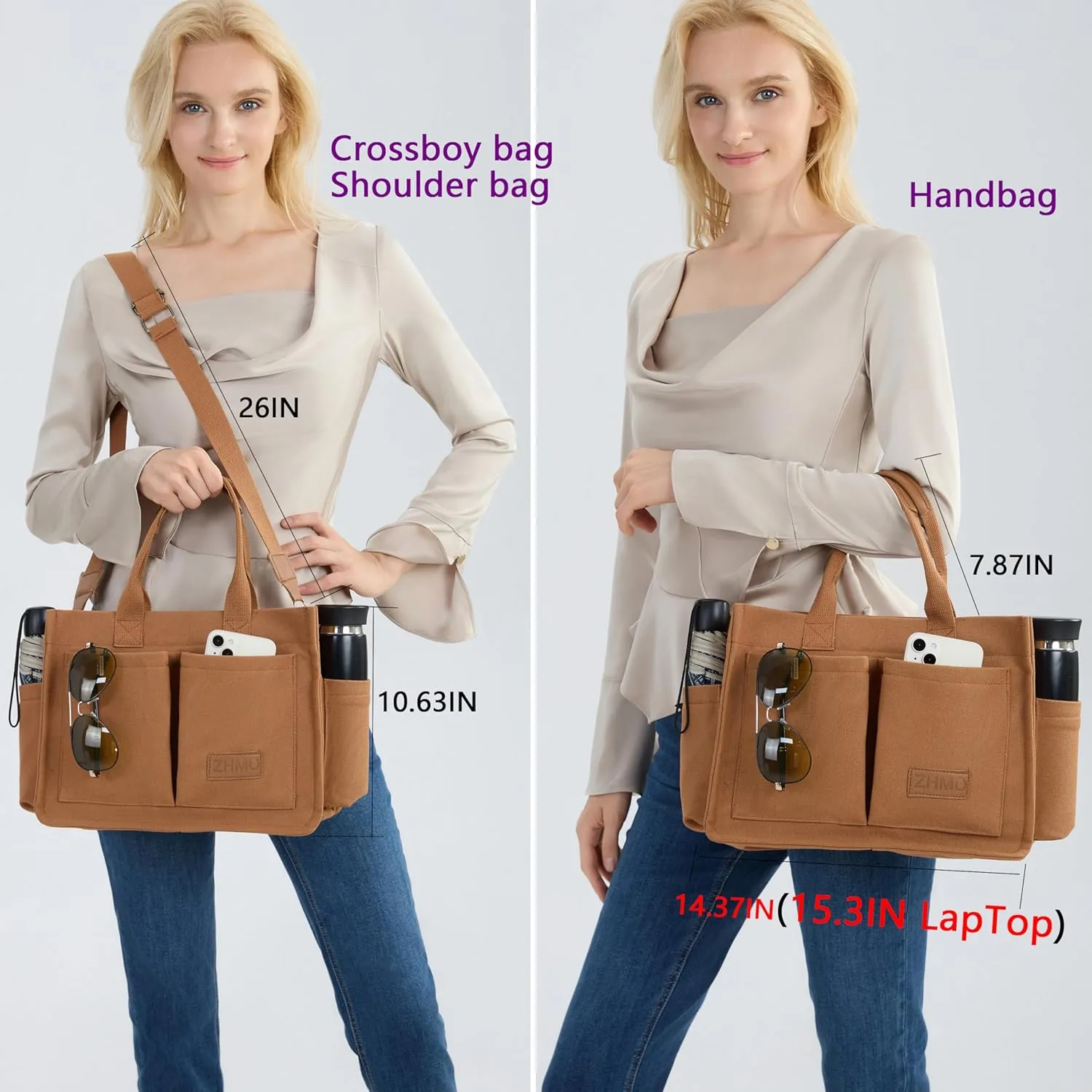 Tote Bag for Women With Compartments,Large Canvas Tote Women's Purse Crossbody Bags Work Laptop Book Bag Satchels Handbags