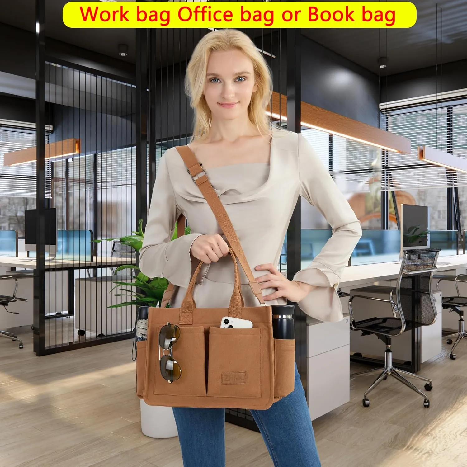 Tote Bag for Women With Compartments,Large Canvas Tote Women's Purse Crossbody Bags Work Laptop Book Bag Satchels Handbags