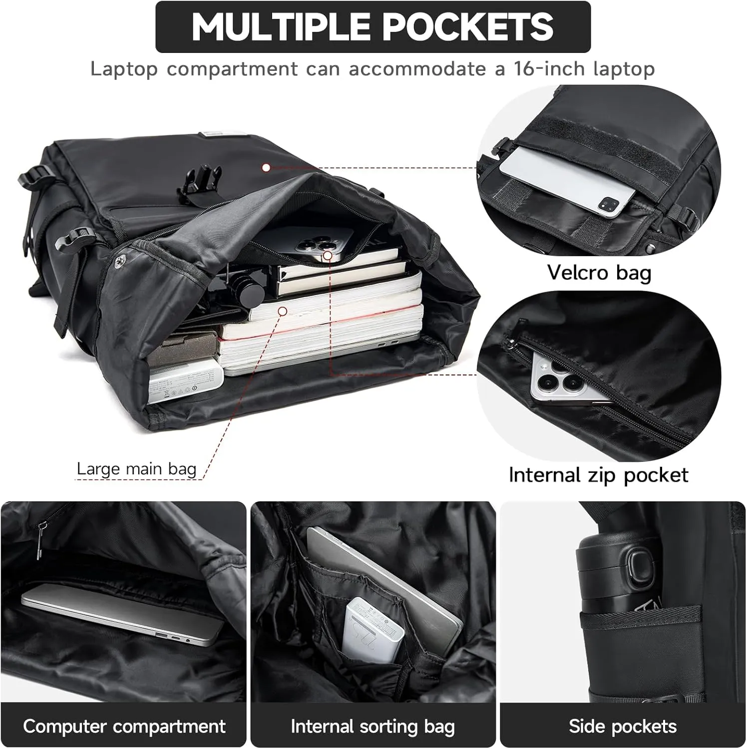 Travel Backpack for Men Expandable Roll Top Backpack with 16 Inch Laptop Compartment, Casual Daypack Backpacks Rucksack Water-Resistant for Commuter College Work Sports Hiking (Black)