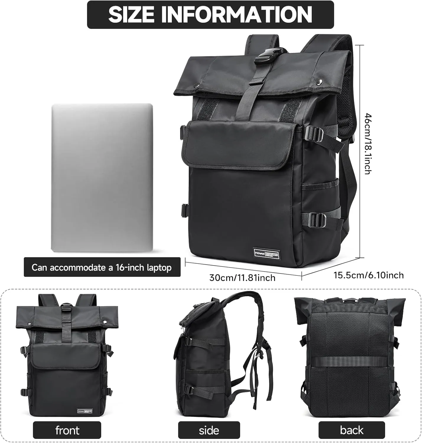 Travel Backpack for Men Expandable Roll Top Backpack with 16 Inch Laptop Compartment, Casual Daypack Backpacks Rucksack Water-Resistant for Commuter College Work Sports Hiking (Black)