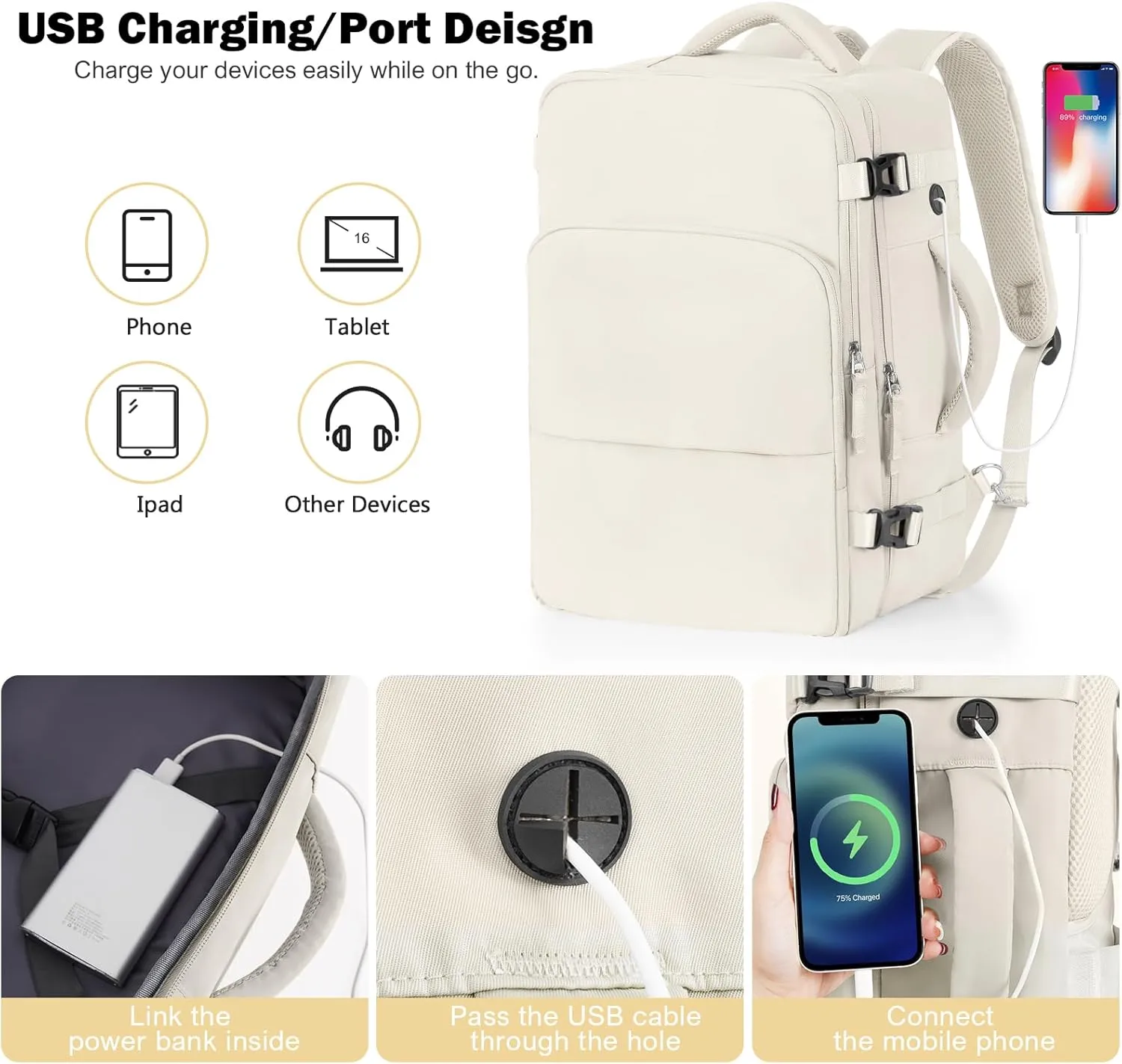 Travel Backpack for Men Women, Carry on Backpack Flight Approved, Personal Item Backpack Bag on Airplanes,Backpacks for Traveling, Travel Essentials,Beige