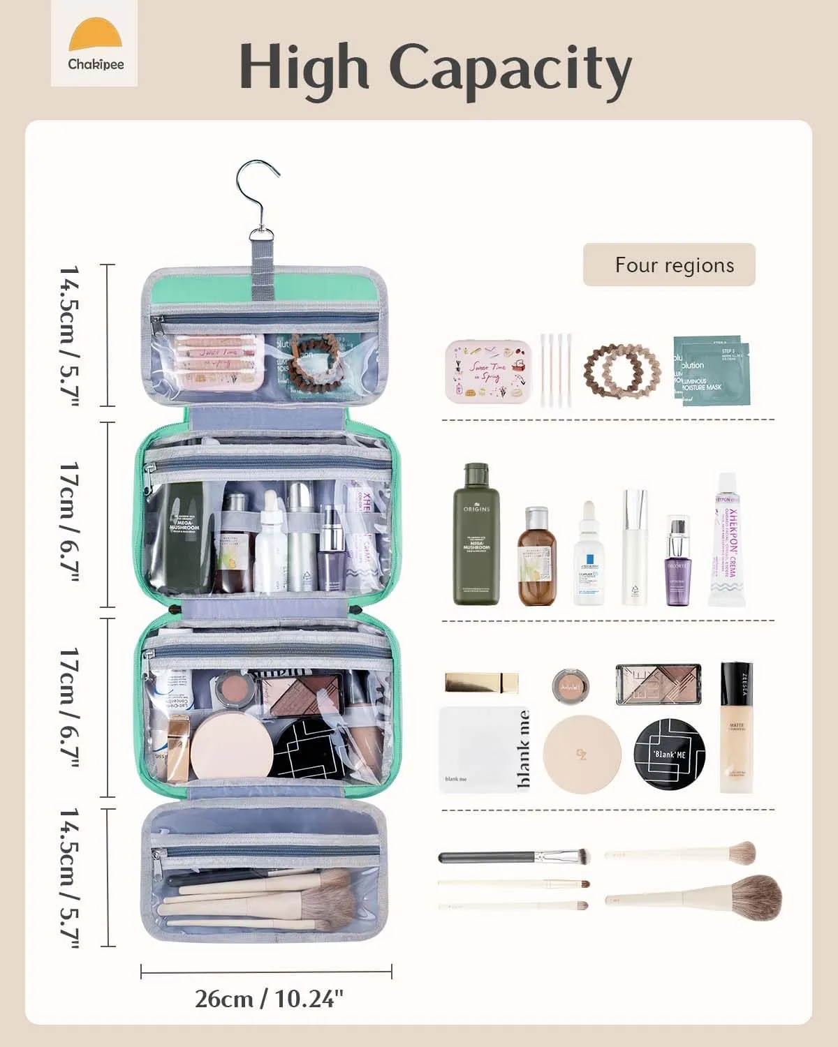 Travel Hanging Toiletry Bag for Women - Waterproof Cosmetic Organizer with Clear Window, Lightweight Bathroom Bags for Essentials, Makeup, Shampoo, Toiletries (Green, Medium)