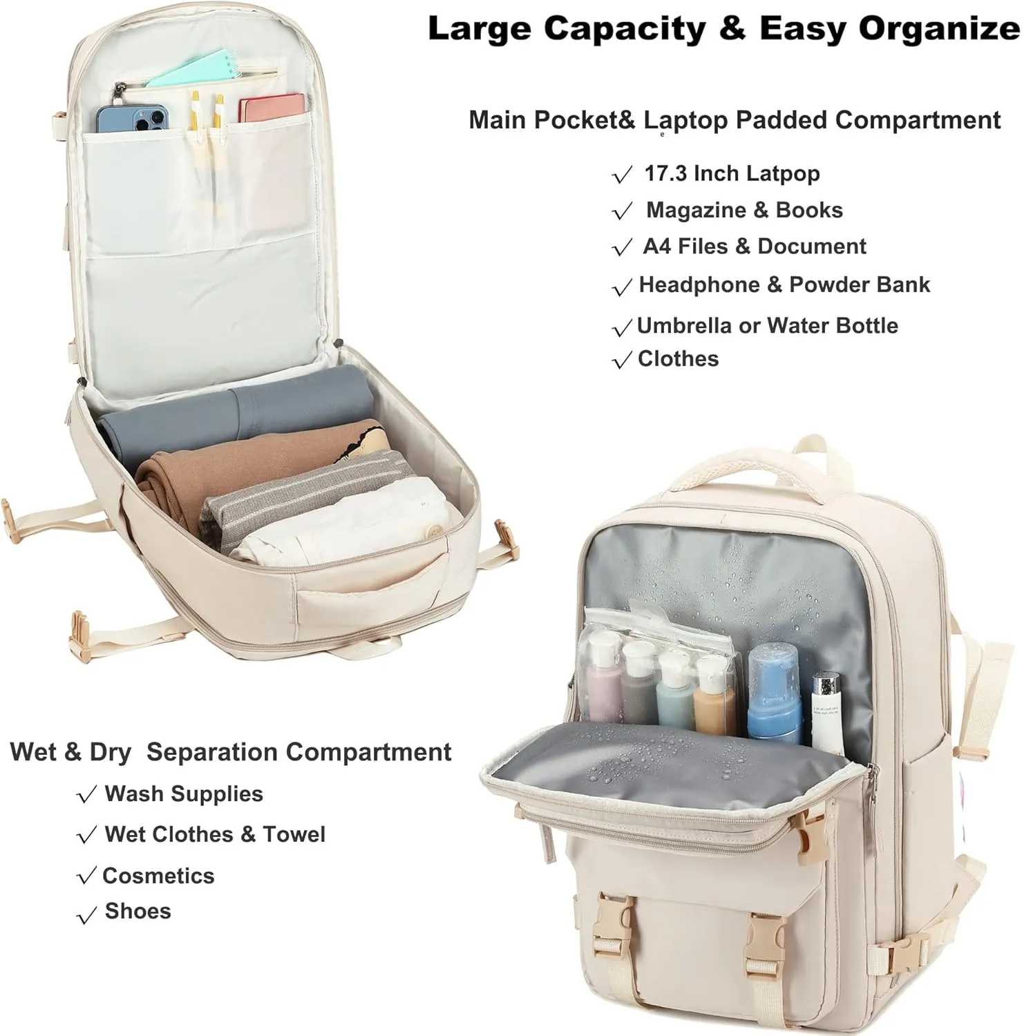 Travel Laptop Backpack, Business Work Backpacks Large College Bookbag for Women Men Water Resistant Daypack Airline Approved Gym Bag Fits 17 Inch Notebook & Laptops - Beige