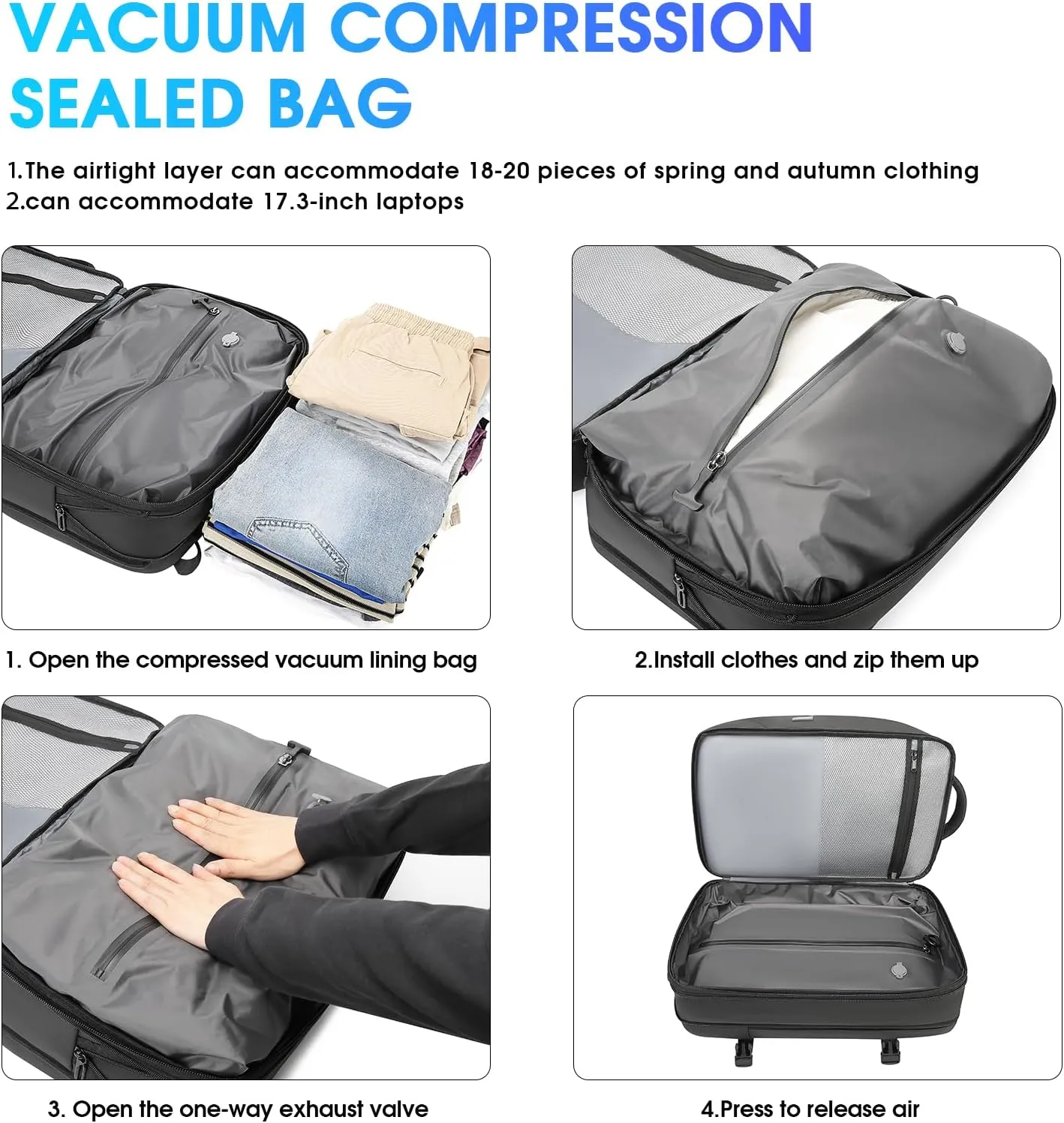 Vacuum Travel Backpack with Pump, 50L Expandable Compression Airback Backpack With Vacuum Seal, 17.3 Inch Water Resistant Business Laptop Backpack with USB Charging Port for Women & Men