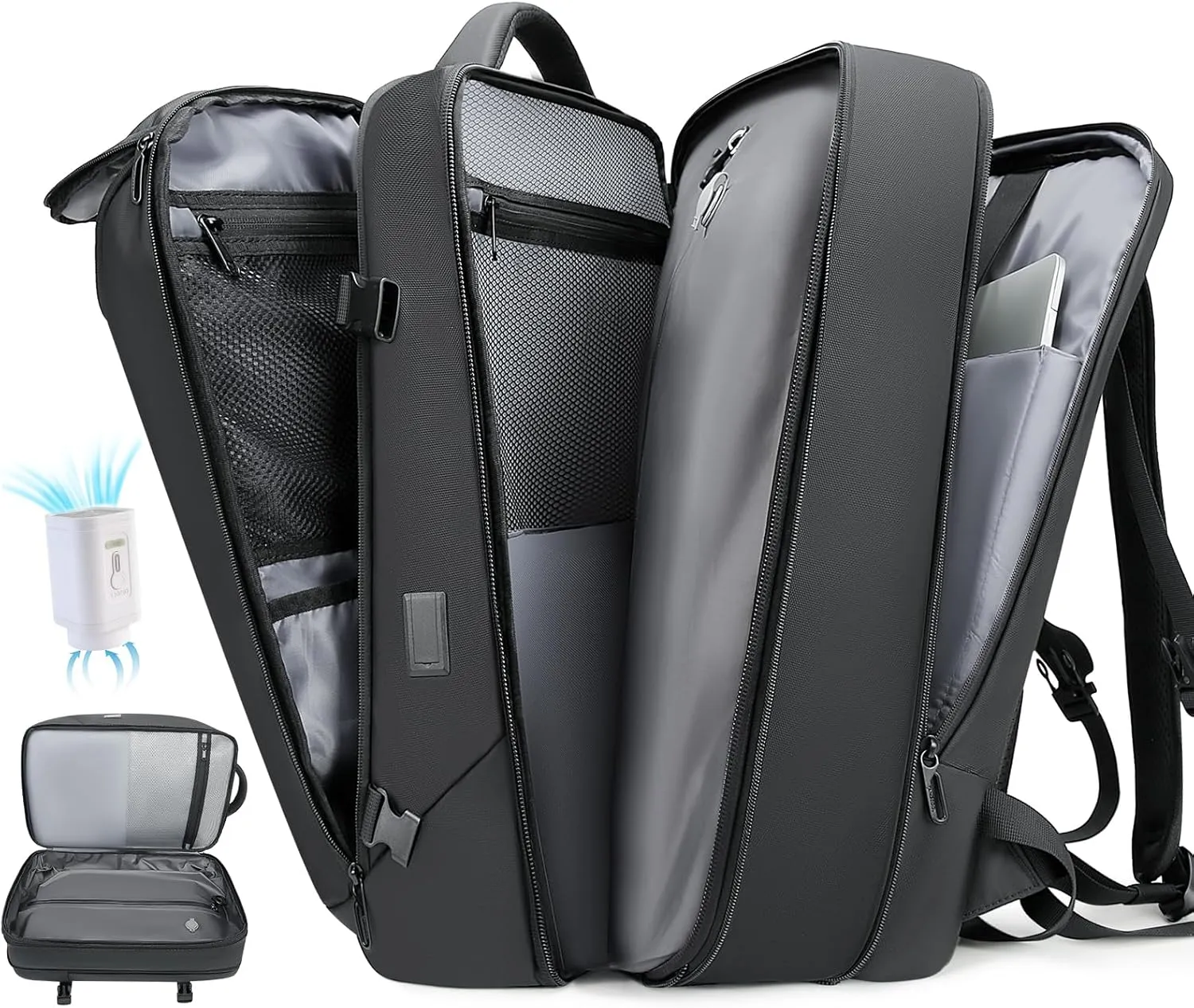 Vacuum Travel Backpack with Pump, 50L Expandable Compression Airback Backpack With Vacuum Seal, 17.3 Inch Water Resistant Business Laptop Backpack with USB Charging Port for Women & Men