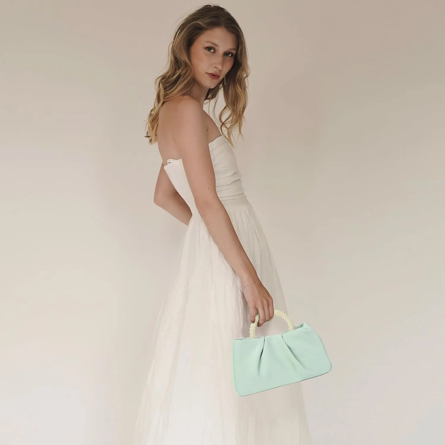 Valleycomfy Evening Clutch Pearl Purses for Women Ladies Soft Leather Ruched Crossbody Bags Shoulder Bag for Party Wedding