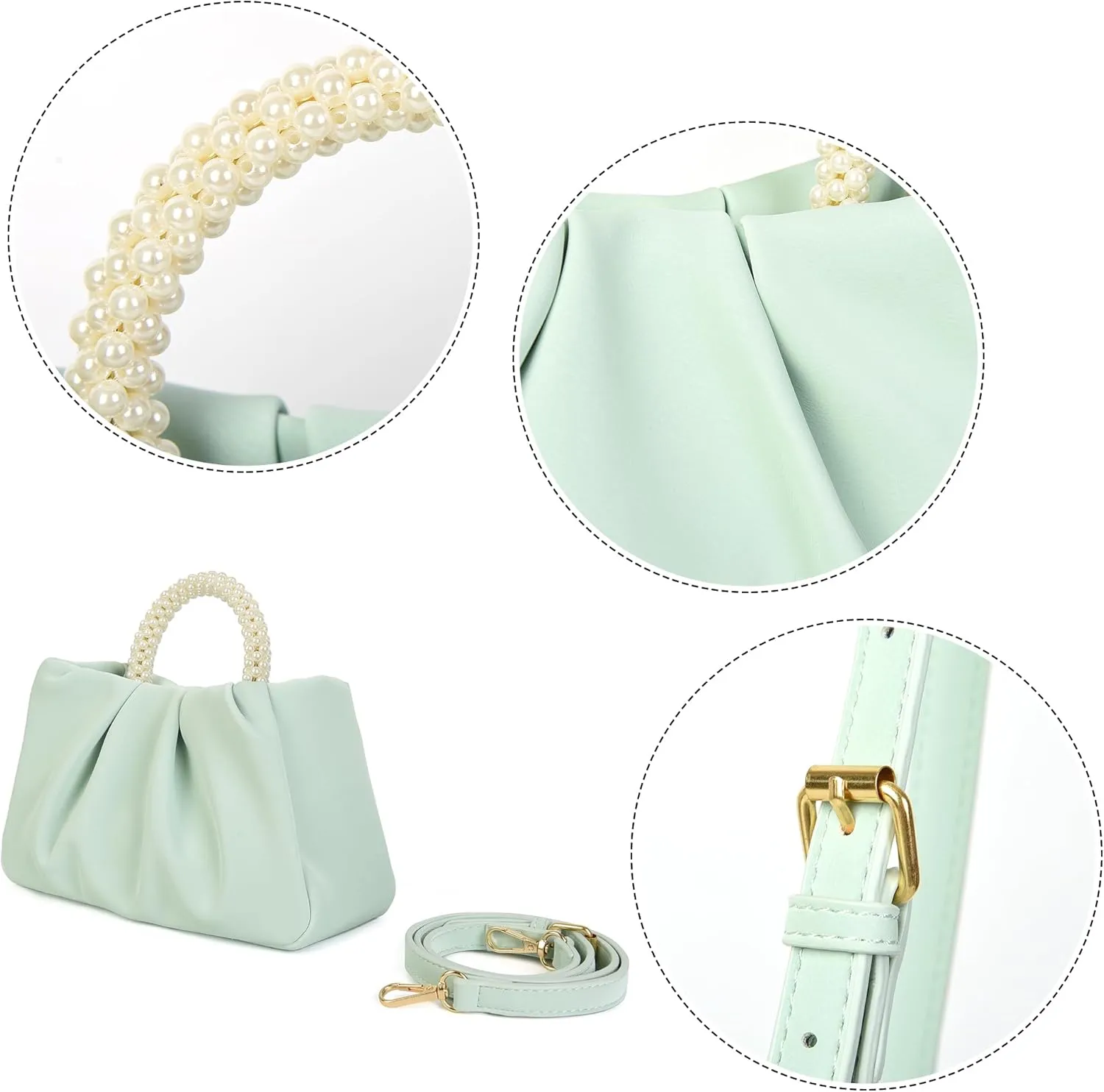 Valleycomfy Evening Clutch Pearl Purses for Women Ladies Soft Leather Ruched Crossbody Bags Shoulder Bag for Party Wedding
