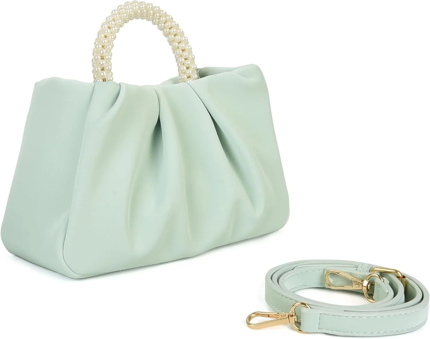 Valleycomfy Evening Clutch Pearl Purses for Women Ladies Soft Leather Ruched Crossbody Bags Shoulder Bag for Party Wedding