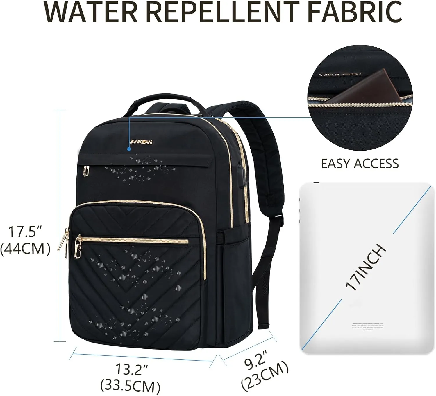 VANKEAN 17.3 Inch Laptop Backpack for Women Men Work Laptop Bag Fashion with USB Port, Waterproof Backpacks Nurse Stylish Travel Bags Casual Daypacks for College, Business, Black