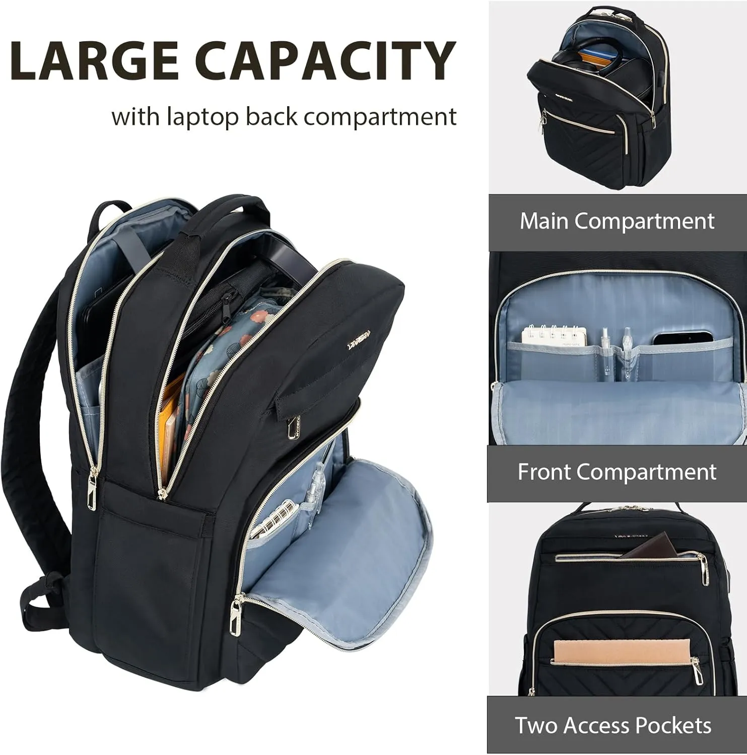 VANKEAN 17.3 Inch Laptop Backpack for Women Men Work Laptop Bag Fashion with USB Port, Waterproof Backpacks Nurse Stylish Travel Bags Casual Daypacks for College, Business, Black