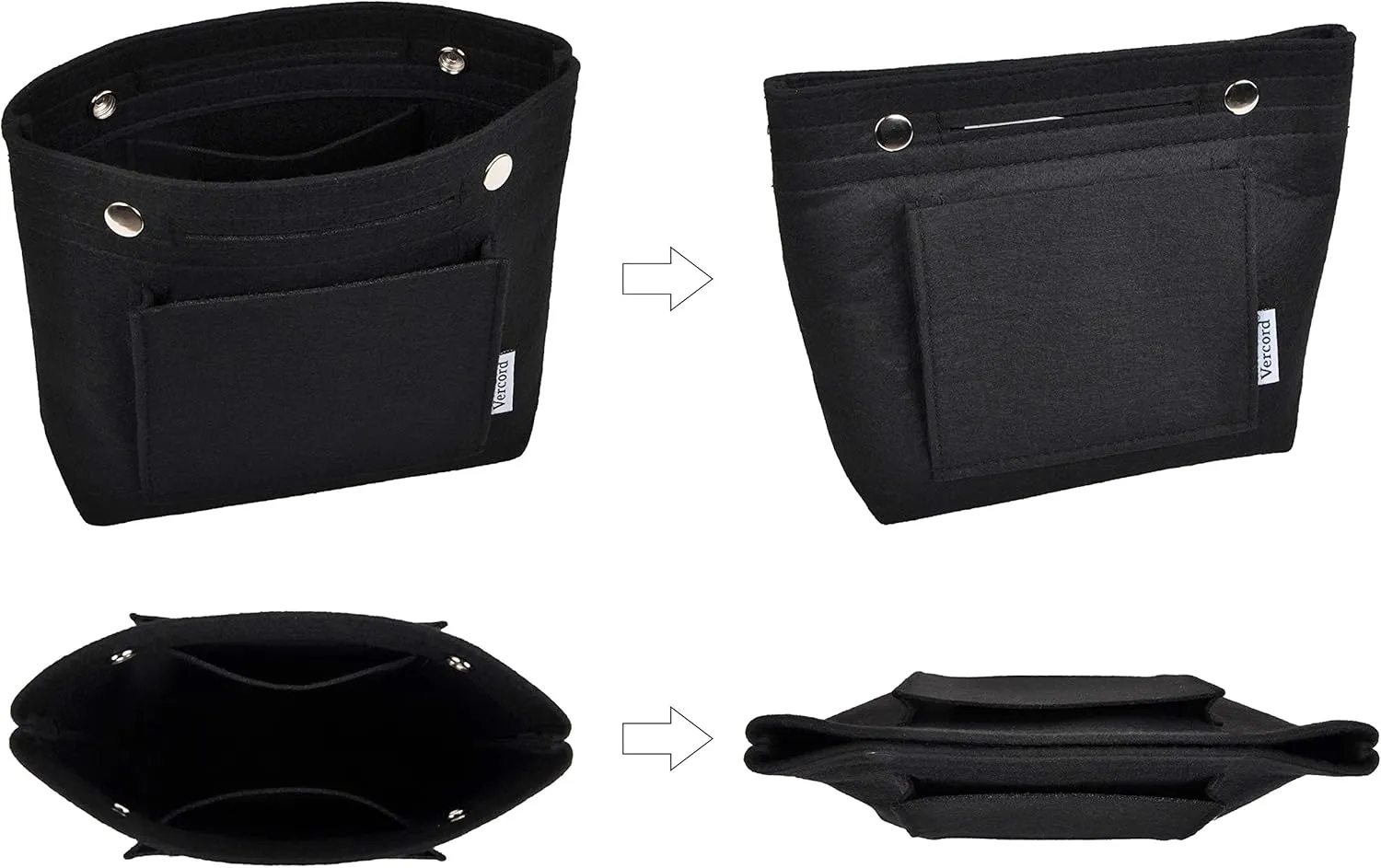 Vercord Mini Slim Small Felt Purse Organizer Insert Inside Handbag Tote Pocketbook for Women Black