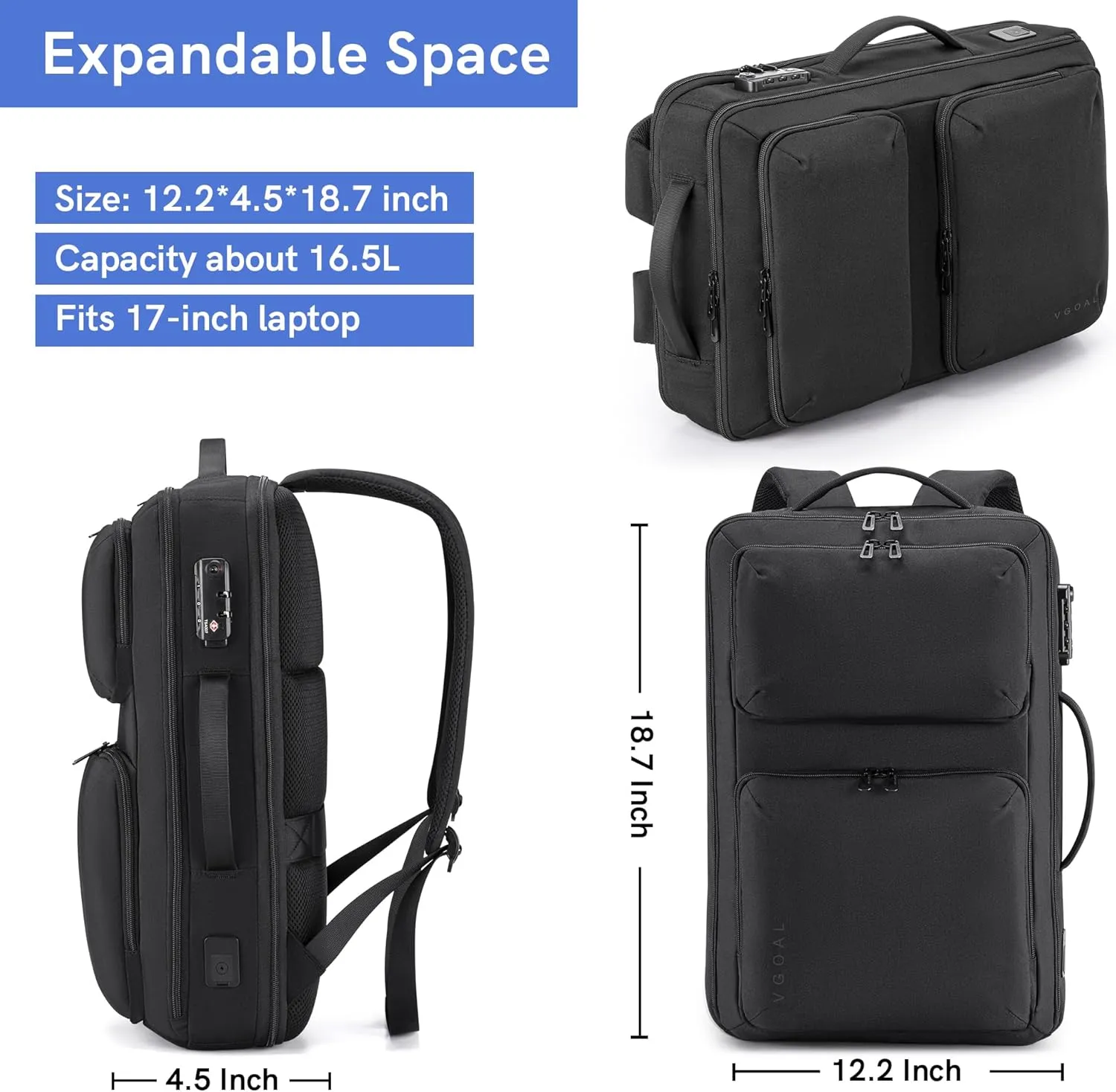 VGOAL Travel Laptop Backpack, Laptop Bookbag College Backpack Durable Water Proof with USB Charging Port for Men Women (FG6317-B)