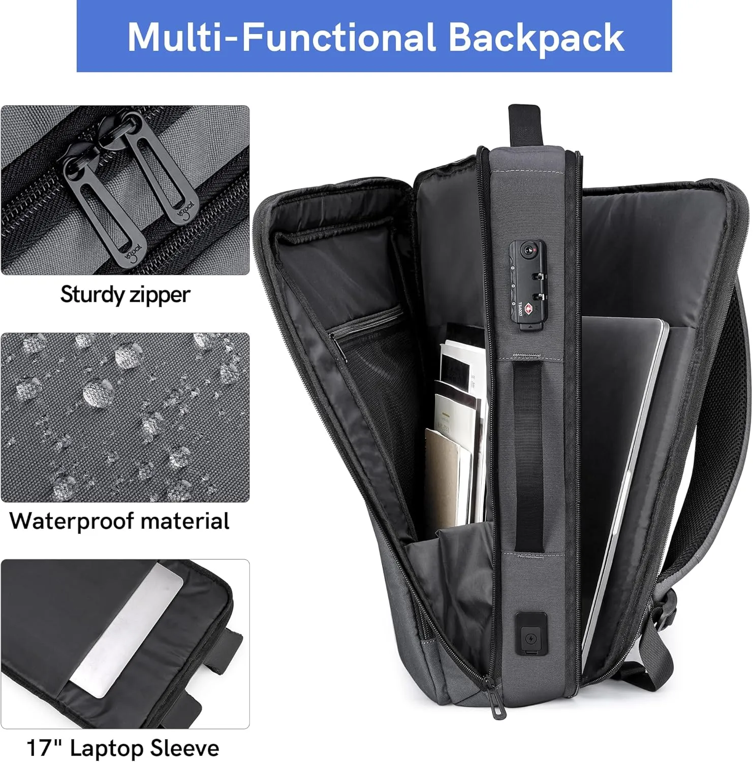 VGOAL Travel Laptop Backpack, Laptop Bookbag College Backpack Durable Water Proof with USB Charging Port for Men Women (FG6317-G)