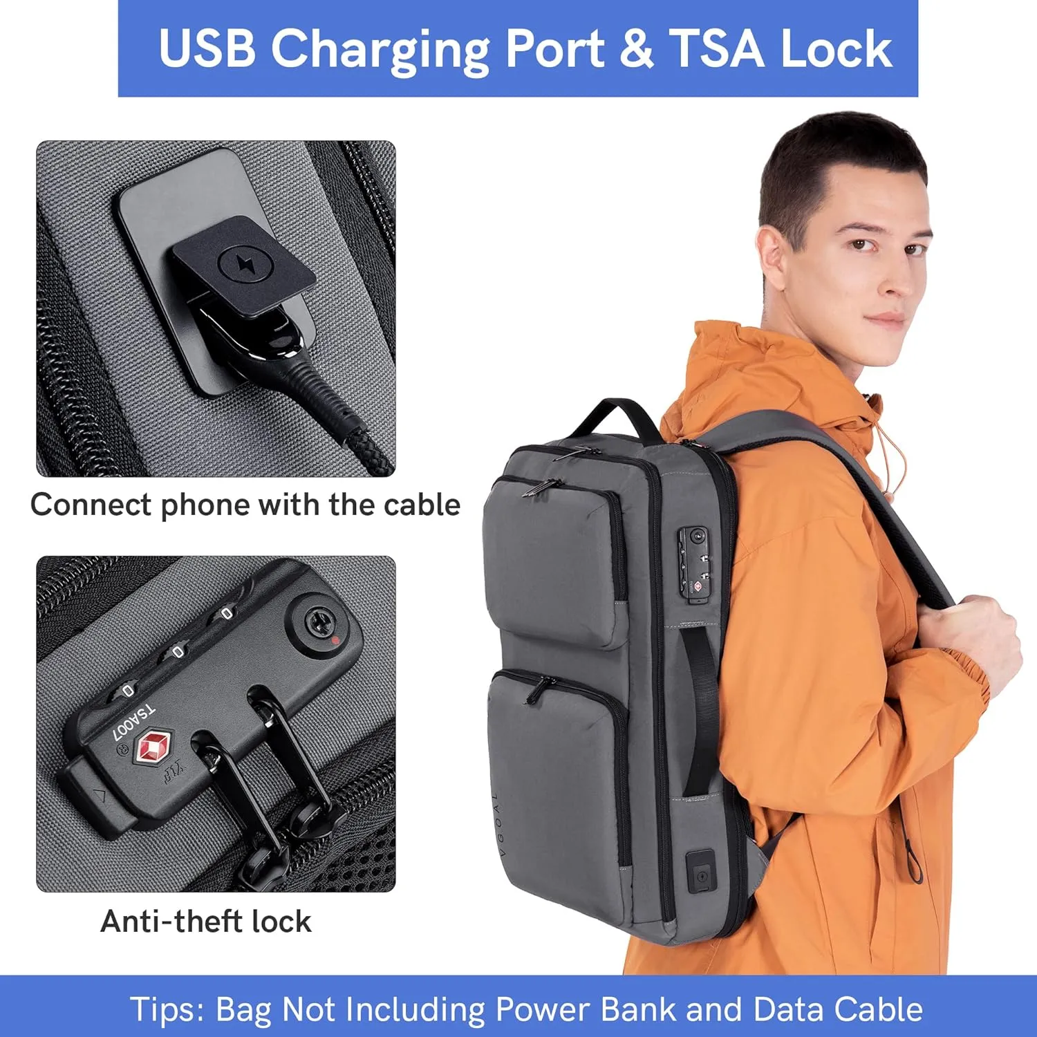VGOAL Travel Laptop Backpack, Laptop Bookbag College Backpack Durable Water Proof with USB Charging Port for Men Women (FG6317-G)