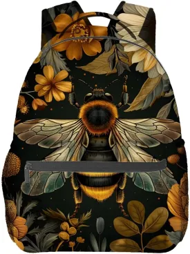Vintage Bee Backpack,Bumblebee Floral Dark Polyester Backpacks,Lightweight Double Shoulder Back Pack for Women,Flower Retro Bookbag,School Bag Gifts,Casual Travel Daypack Book Packs