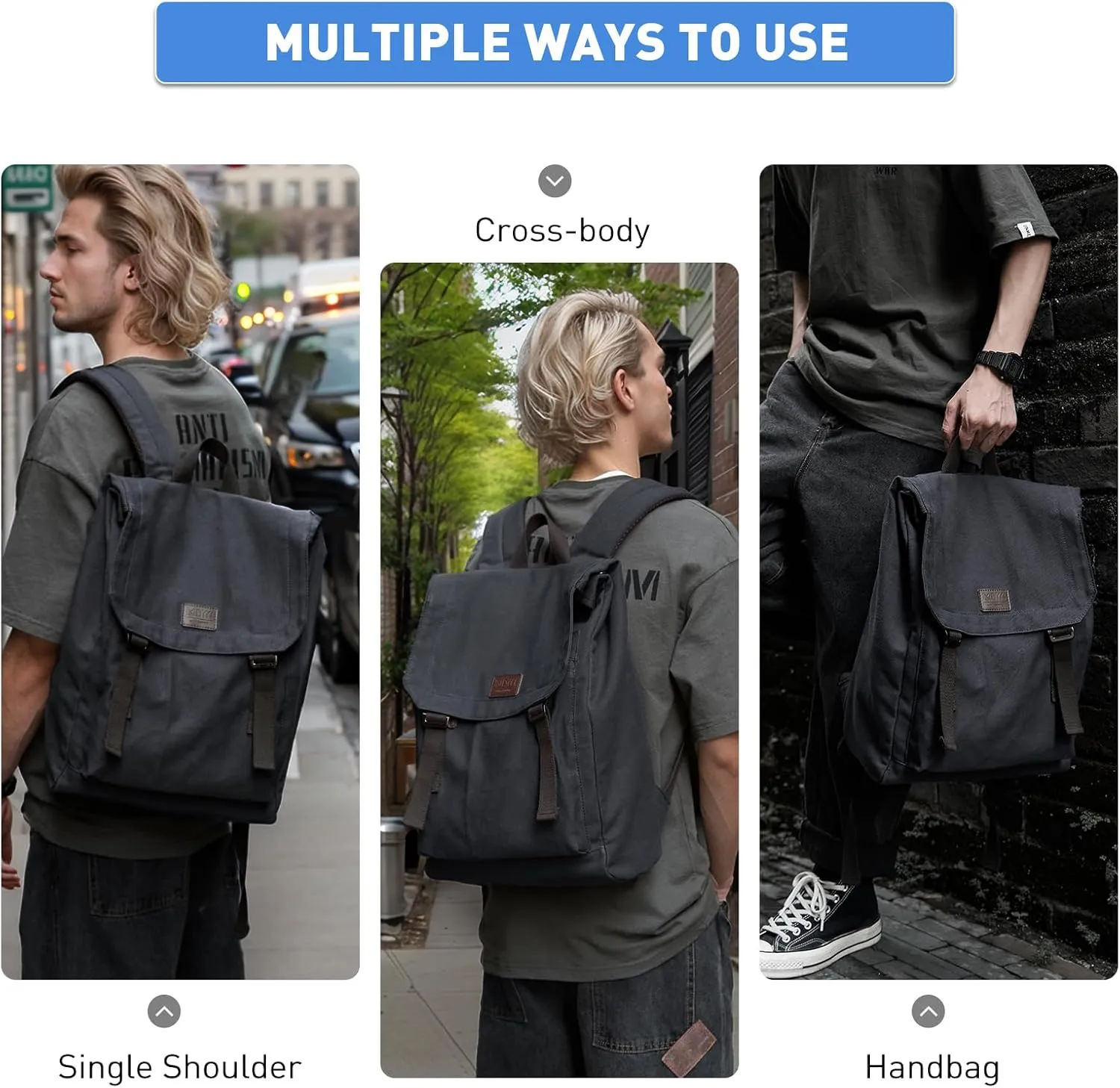 Vintage Canvas Backpack for Men Fits 14 Inch Laptop Samll Backpack Daypack Flap Tear-Resistant for Travel Rucksack College Dark Blue