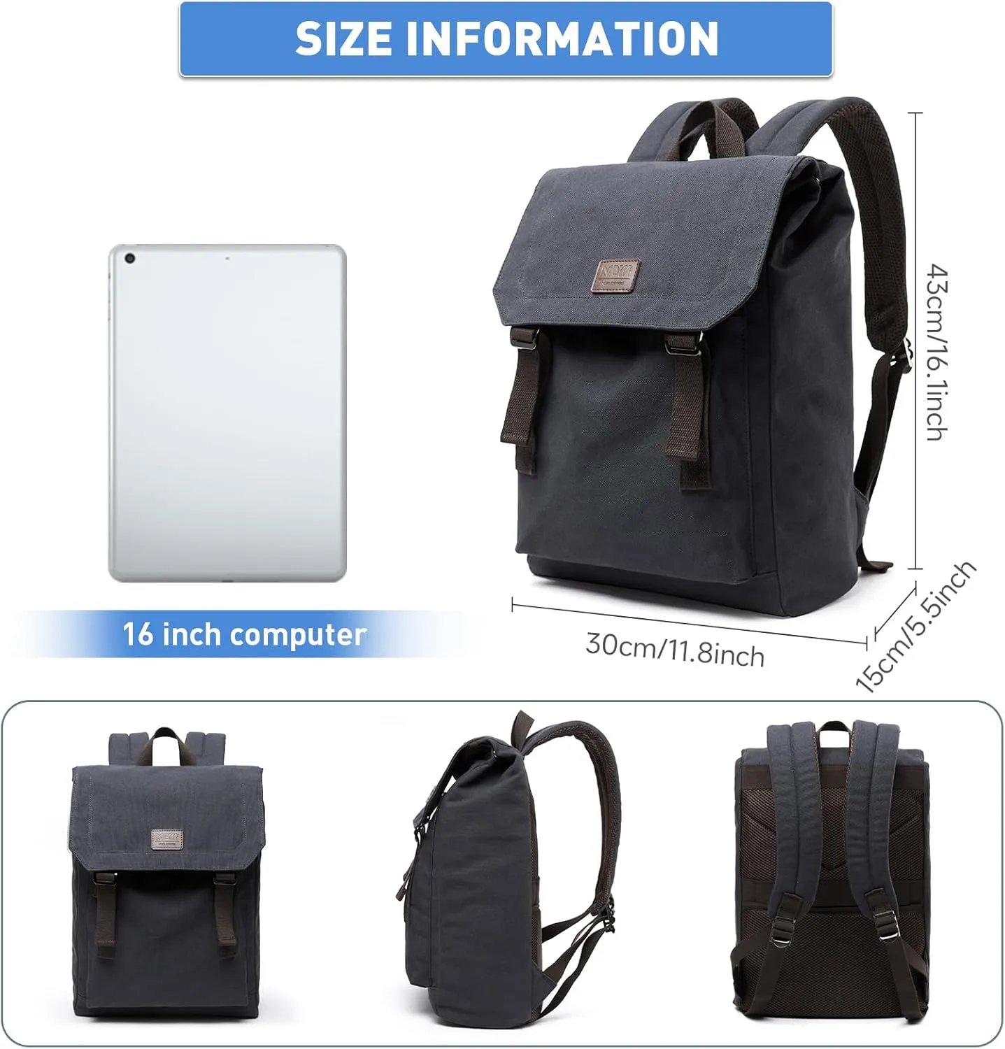 Vintage Canvas Backpack for Men Fits 14 Inch Laptop Samll Backpack Daypack Flap Tear-Resistant for Travel Rucksack College Dark Blue