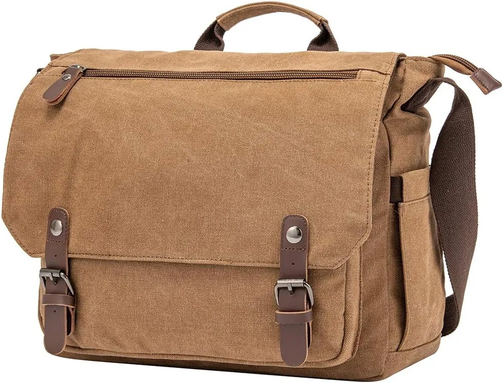 Vintage Genuine Leather Waxed Canvas Briefcase Large Satchel Shoulder Bag Rugged Computer 15.6" Laptop Bag