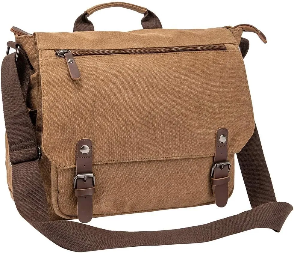 Vintage Genuine Leather Waxed Canvas Briefcase Large Satchel Shoulder Bag Rugged Computer 15.6" Laptop Bag