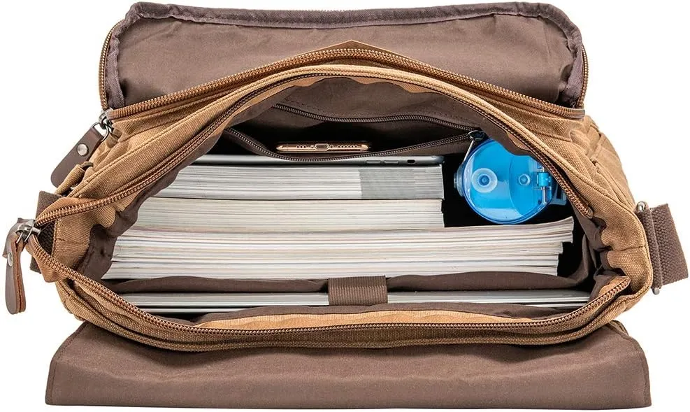 Vintage Genuine Leather Waxed Canvas Briefcase Large Satchel Shoulder Bag Rugged Computer 15.6" Laptop Bag