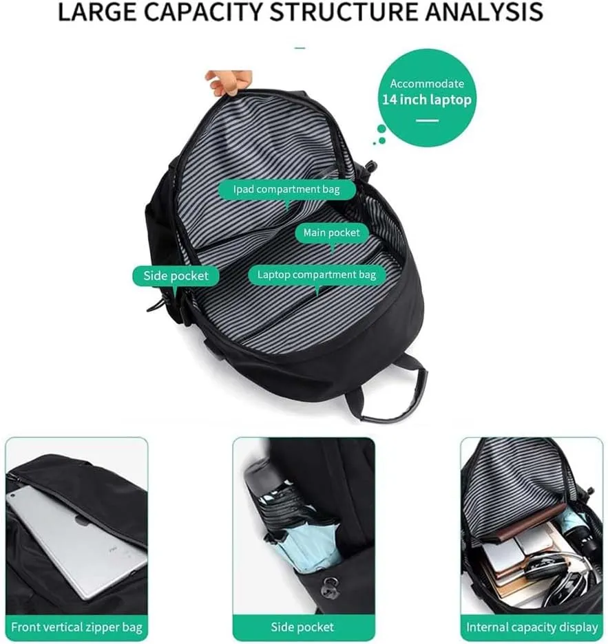Water Resistant Lightweight Backpack Casual Travel Hiking Backpacks Daypack Durable with USB Charging Port (black)