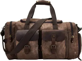 Waxed Canvas Vintage Overnight Duffel Weekend Travel Bag Waterproof For Men Women with Shoes Compartment (Dark Brown)