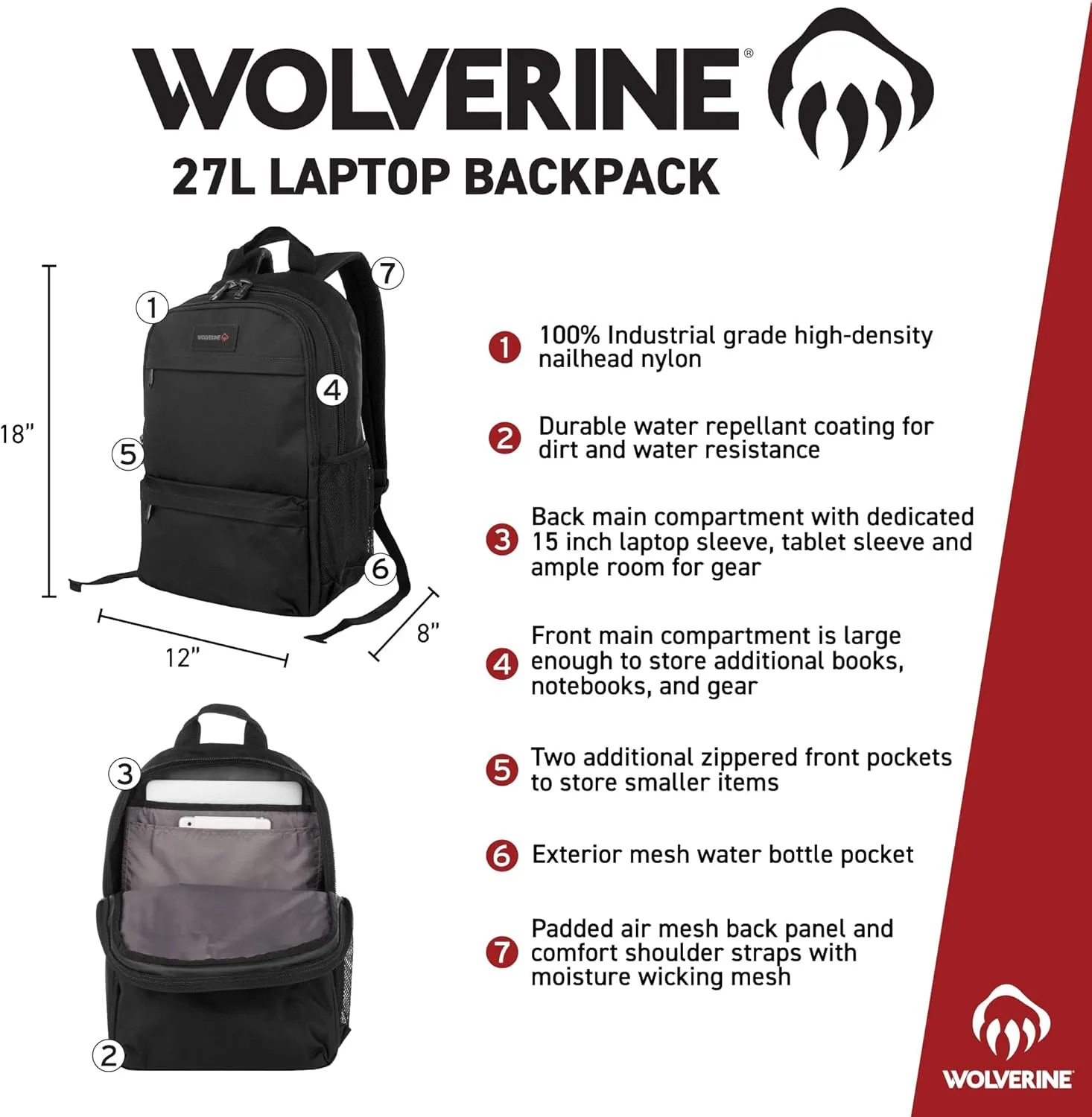 WOLVERINE Lightweight, Water Resistant Rugged Laptop Backpack for Travel or Work, Slimline-Chestnut, 27L