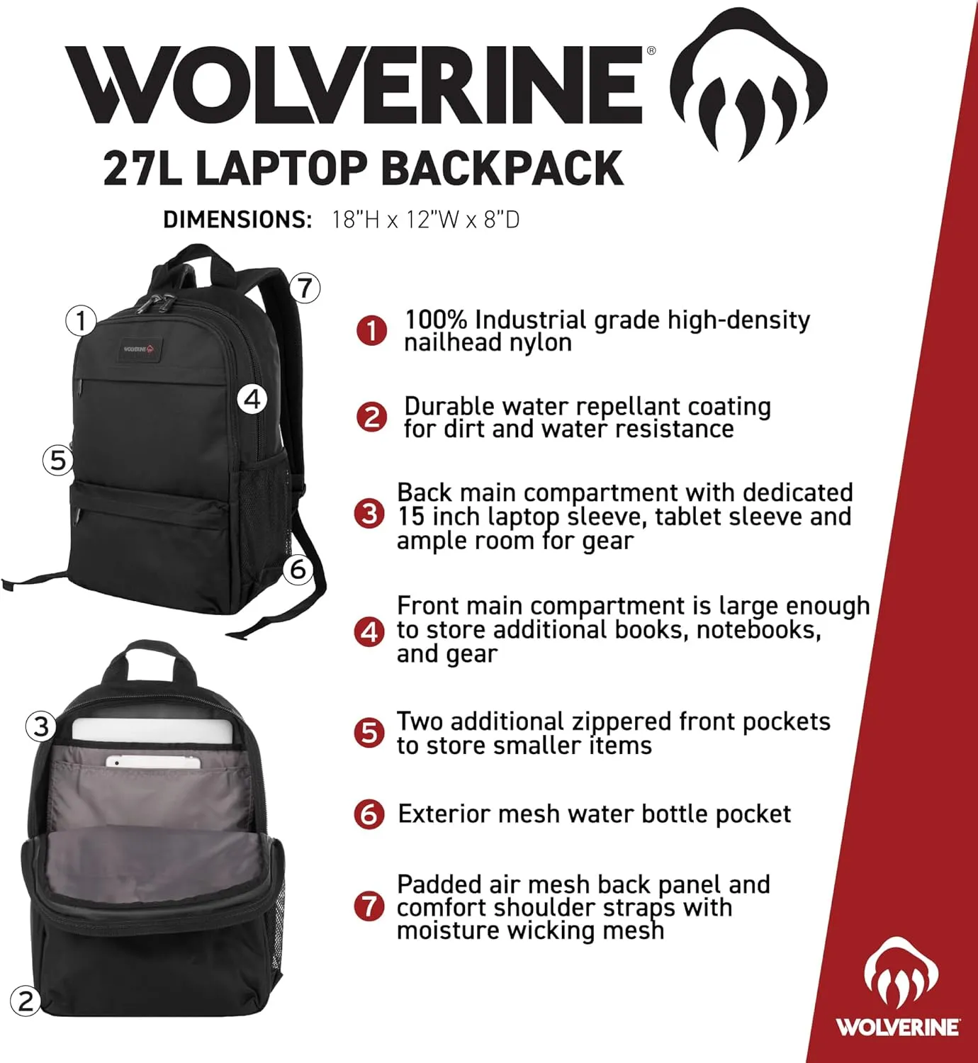 WOLVERINE Lightweight, Water Resistant Rugged Laptop Backpack for Travel or Work, Slimline-Chestnut, 27L
