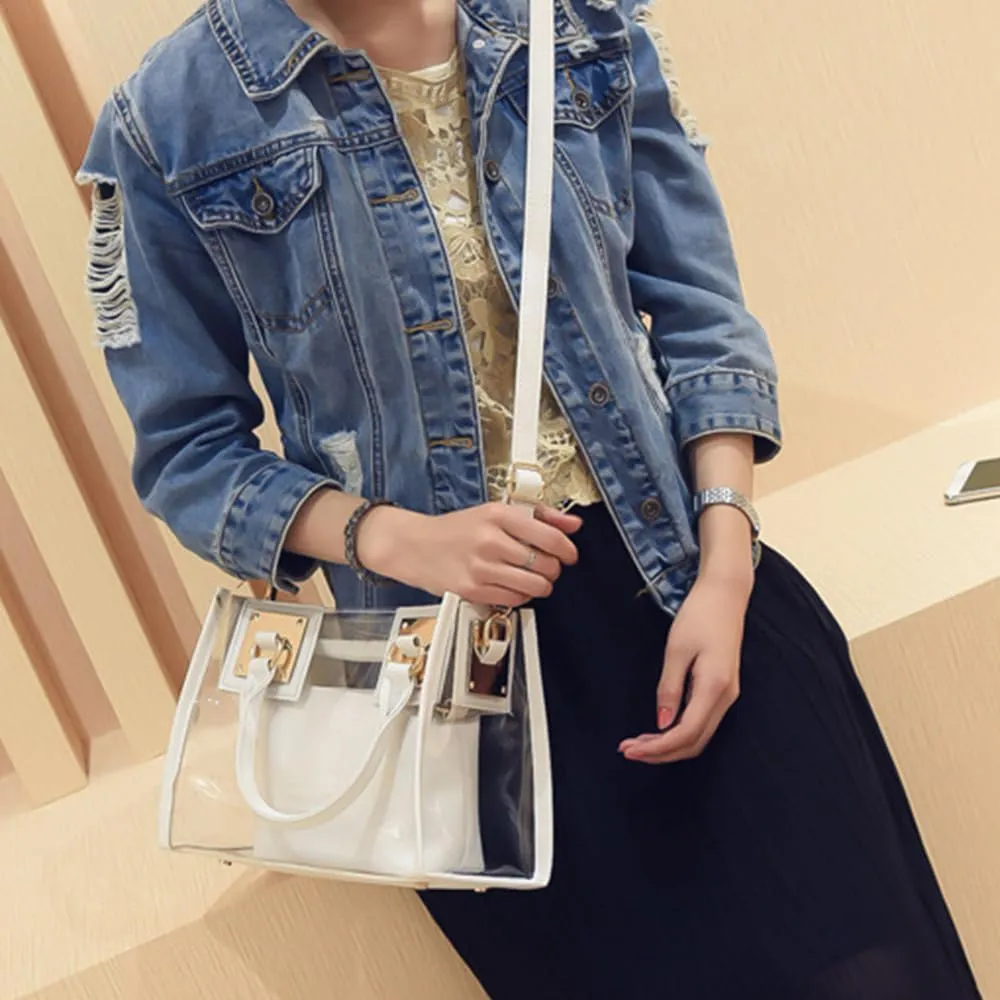 Women Small Jelly Purse and Handbag 2pcs Transparent Top Handle Shoulder Bags Satchel