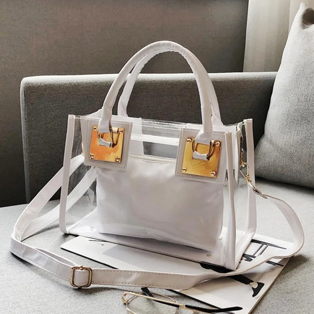 Women Small Jelly Purse and Handbag 2pcs Transparent Top Handle Shoulder Bags Satchel
