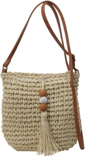 Women Straw Crossbody Bag Handwoven Beach Bucket Bag Straw Clutch Purse with Tassel Raffia Shoulder Bags for Vacation