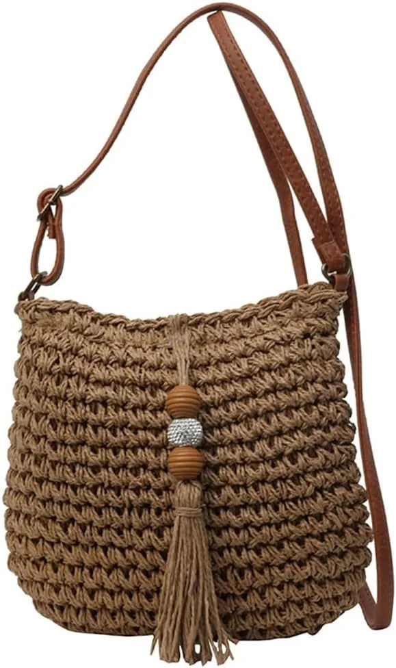 Women Straw Crossbody Bag Handwoven Beach Bucket Bag Straw Clutch Purse with Tassel Raffia Shoulder Bags for Vacation