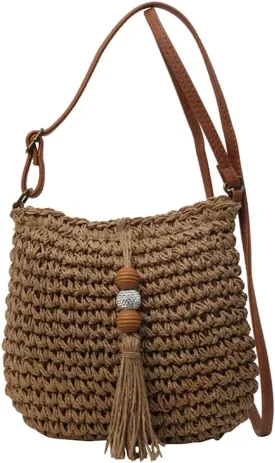 Women Straw Crossbody Bag Handwoven Beach Bucket Bag Straw Clutch Purse with Tassel Raffia Shoulder Bags for Vacation