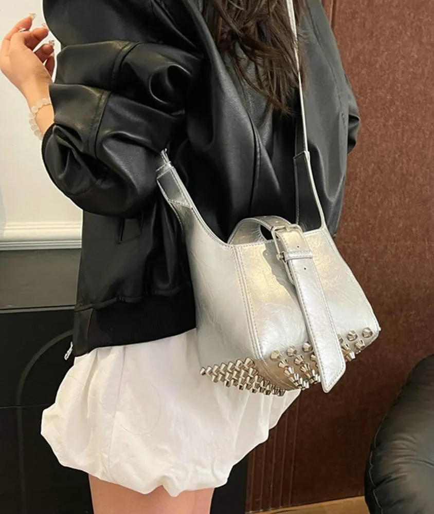 Women Trendy Bucket Shoulder Purse Vegan Leather Y2k Small Tote Crossbody Bag Rivet Handbags Satchels 2025
