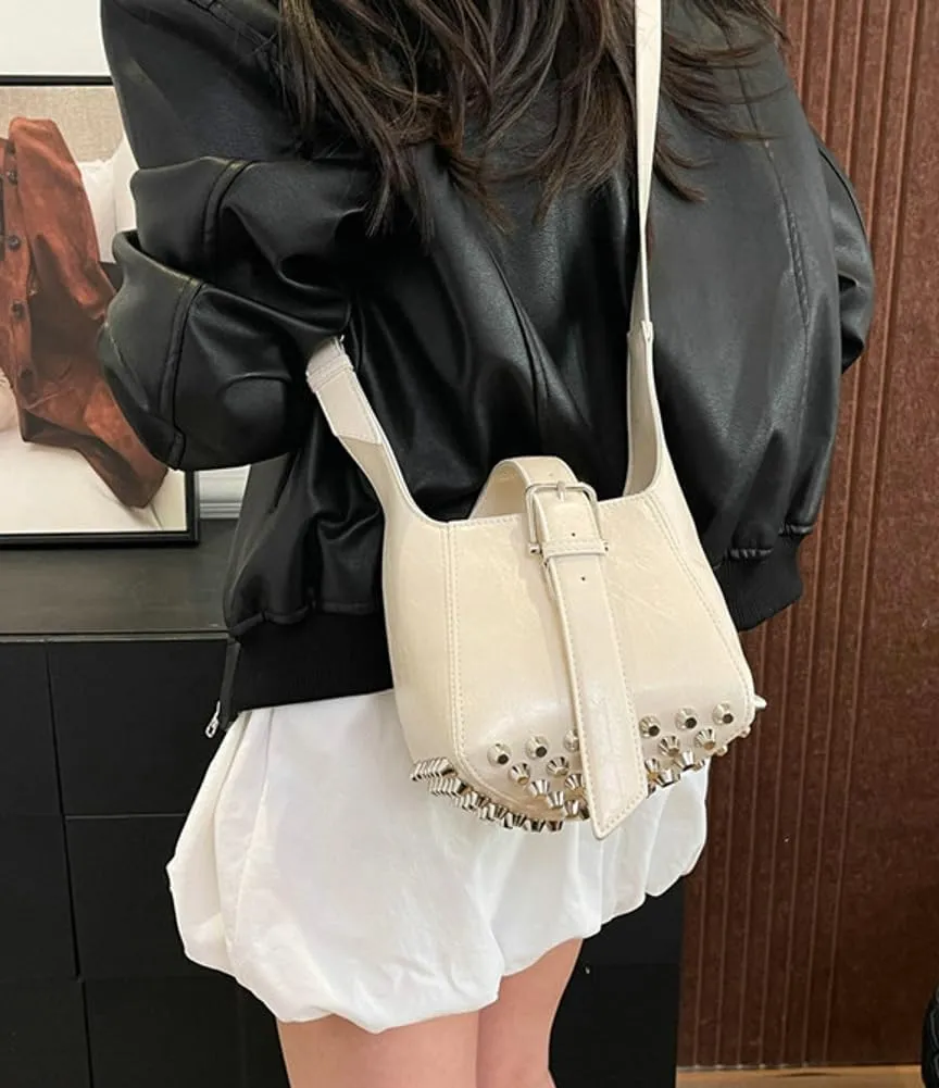 Women Trendy Bucket Shoulder Purse Vegan Leather Y2k Small Tote Crossbody Bag Rivet Handbags Satchels 2025