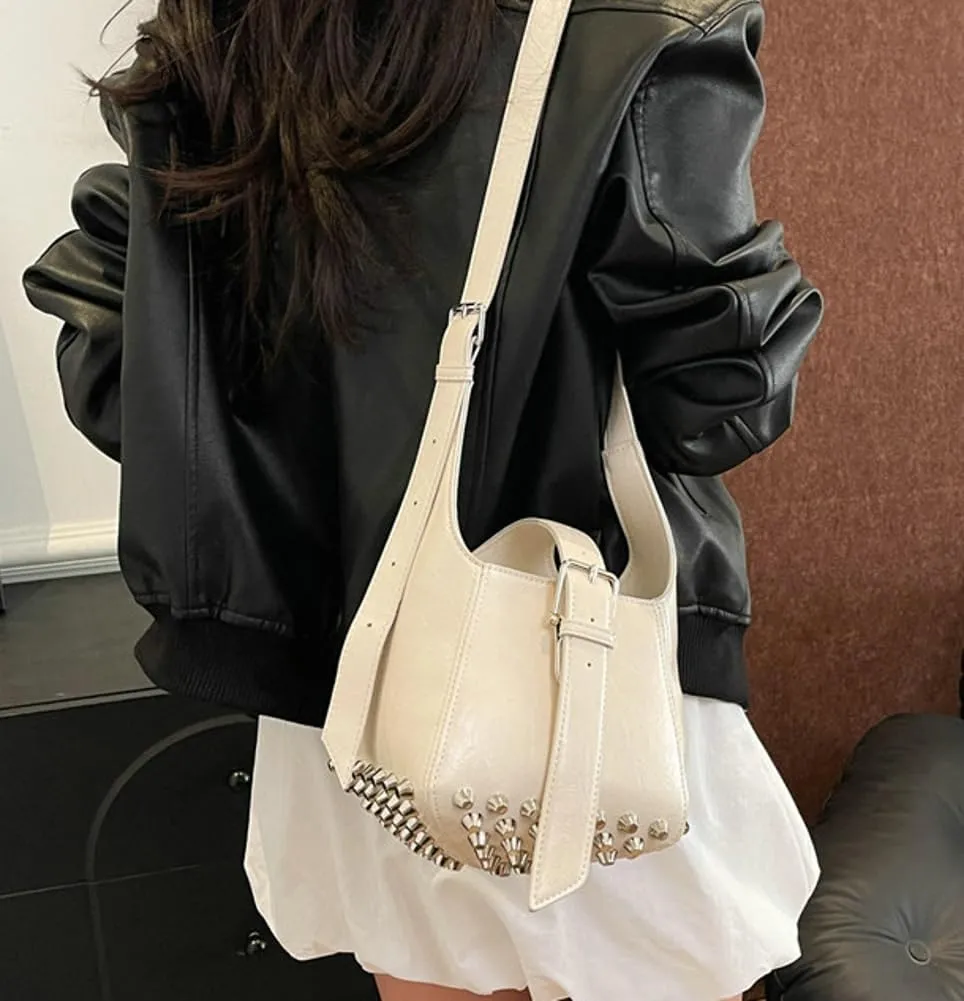 Women Trendy Bucket Shoulder Purse Vegan Leather Y2k Small Tote Crossbody Bag Rivet Handbags Satchels 2025