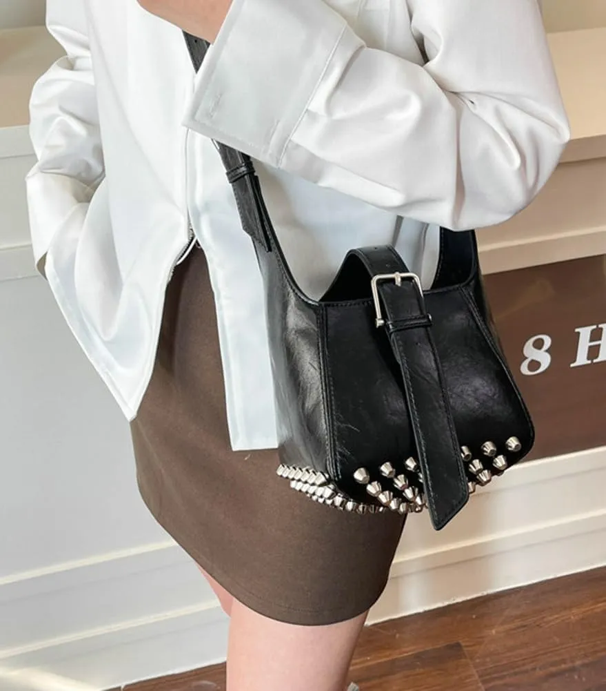 Women Trendy Bucket Shoulder Purse Vegan Leather Y2k Small Tote Crossbody Bag Rivet Handbags Satchels 2025