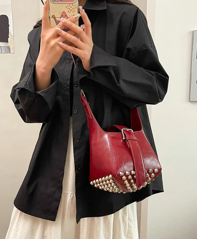 Women Trendy Bucket Shoulder Purse Vegan Leather Y2k Small Tote Crossbody Bag Rivet Handbags Satchels 2025