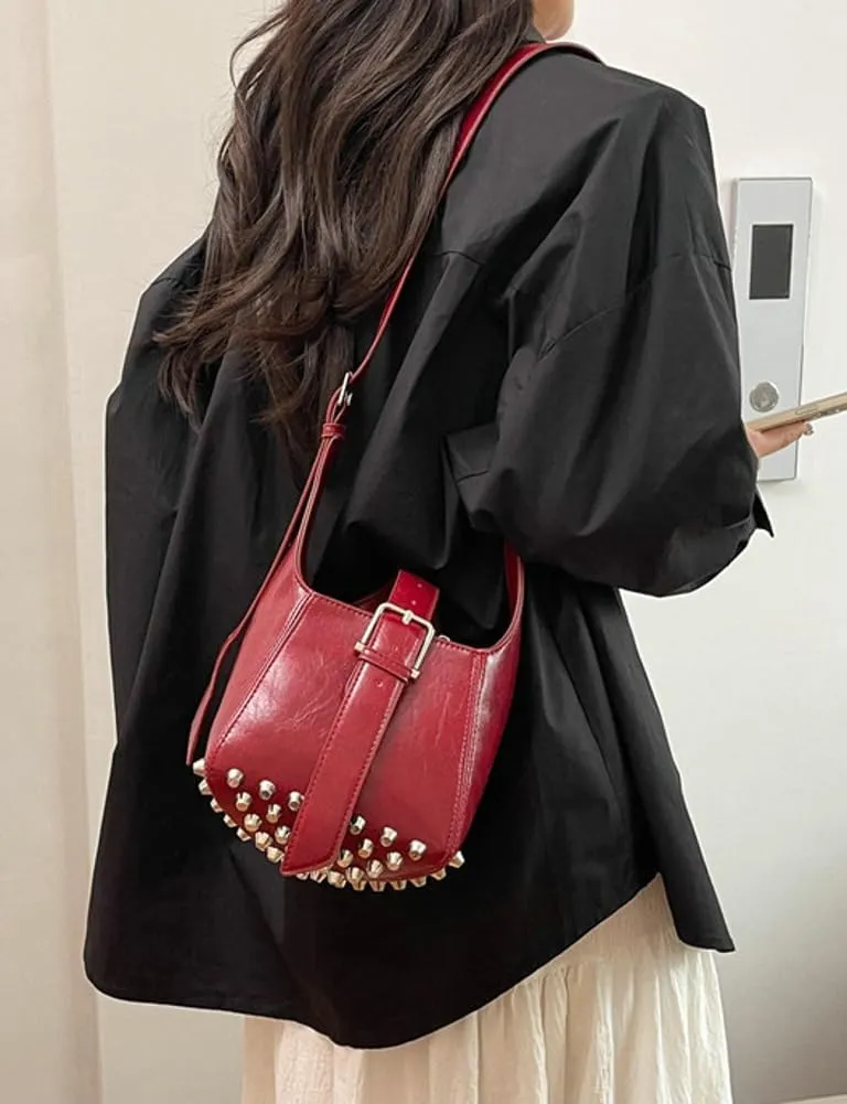 Women Trendy Bucket Shoulder Purse Vegan Leather Y2k Small Tote Crossbody Bag Rivet Handbags Satchels 2025