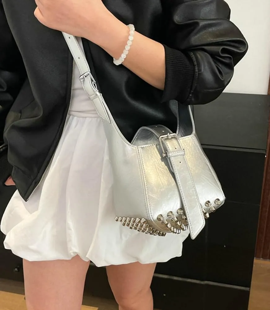 Women Trendy Bucket Shoulder Purse Vegan Leather Y2k Small Tote Crossbody Bag Rivet Handbags Satchels 2025