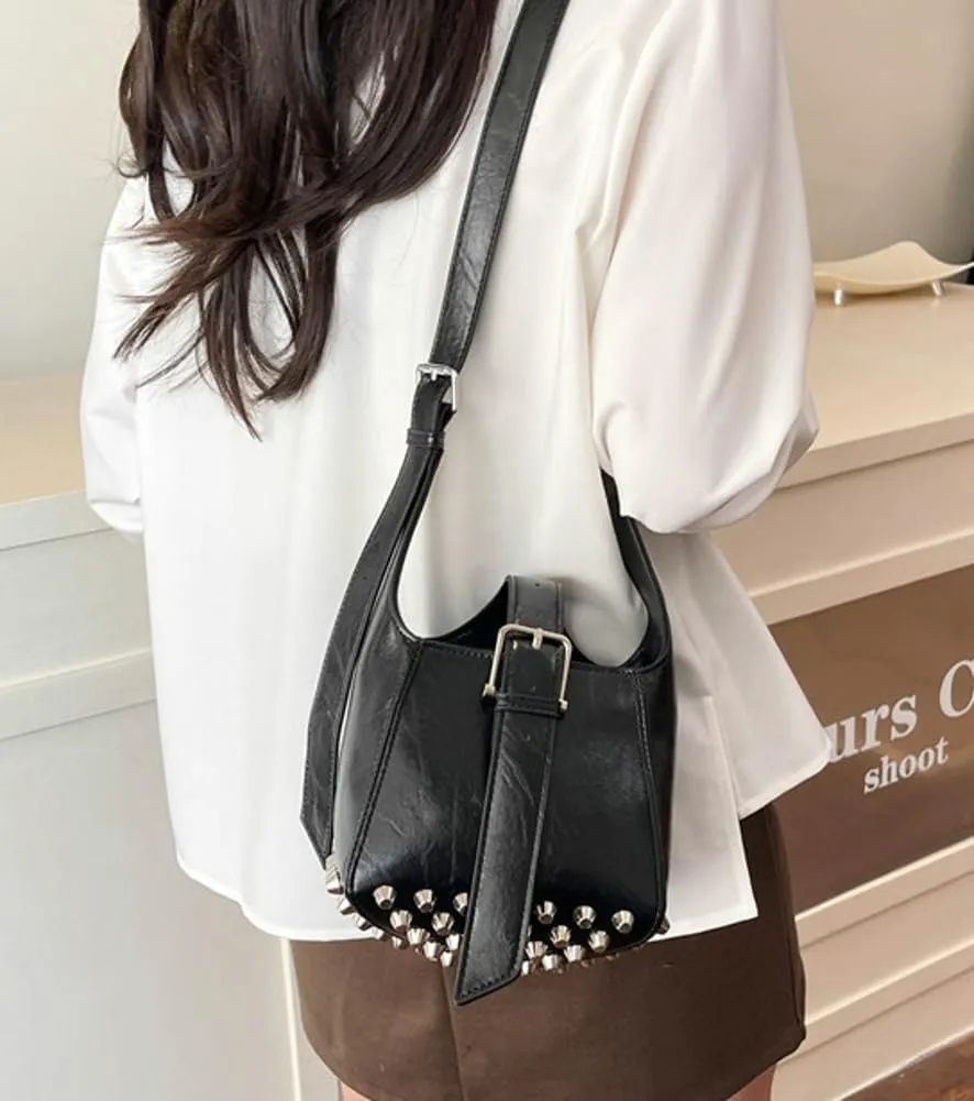 Women Trendy Bucket Shoulder Purse Vegan Leather Y2k Small Tote Crossbody Bag Rivet Handbags Satchels 2025