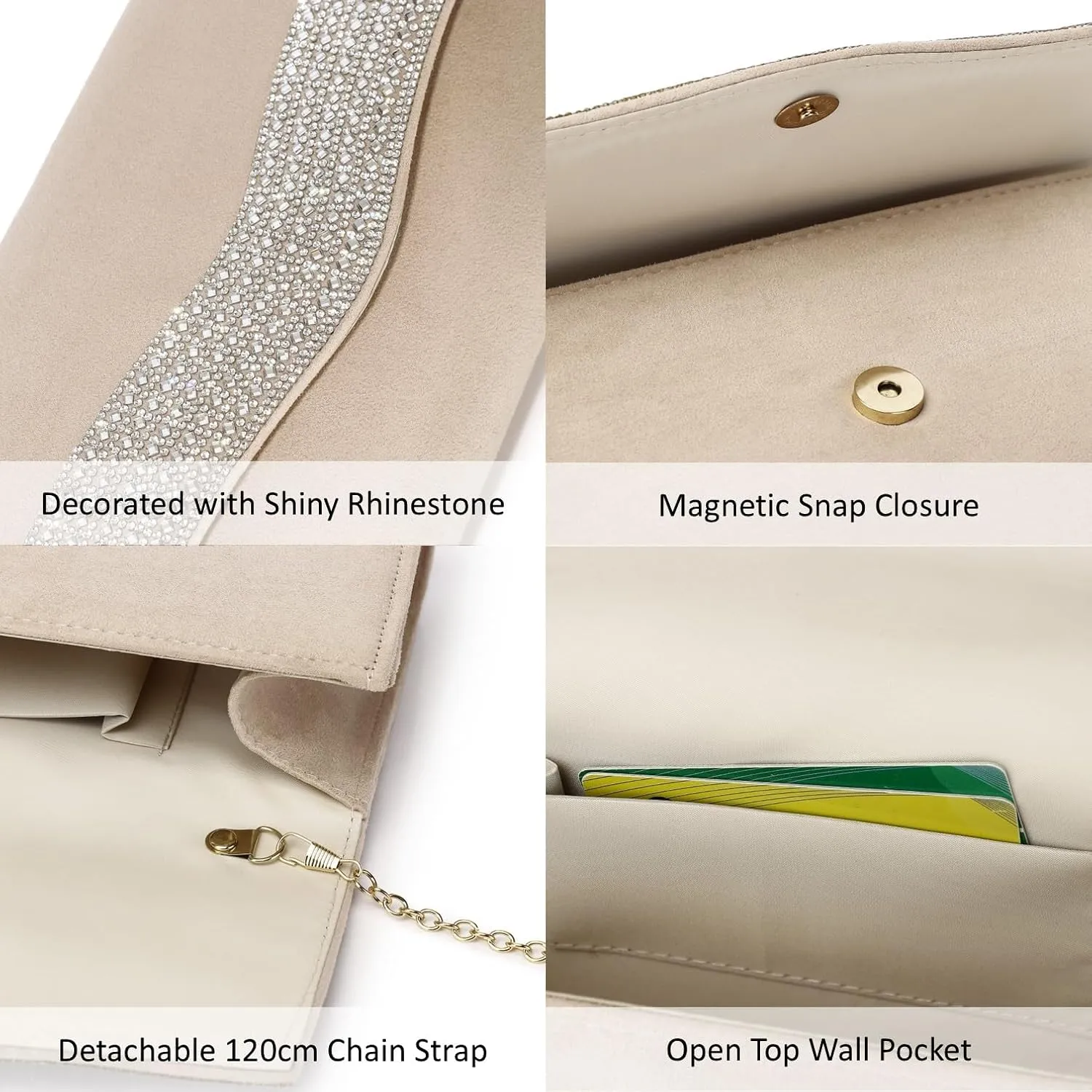Women's Evening Bags Faux Suede Envelope Clutch Purse Shiny Rhinestone Women Handbags for Wedding Party Prom