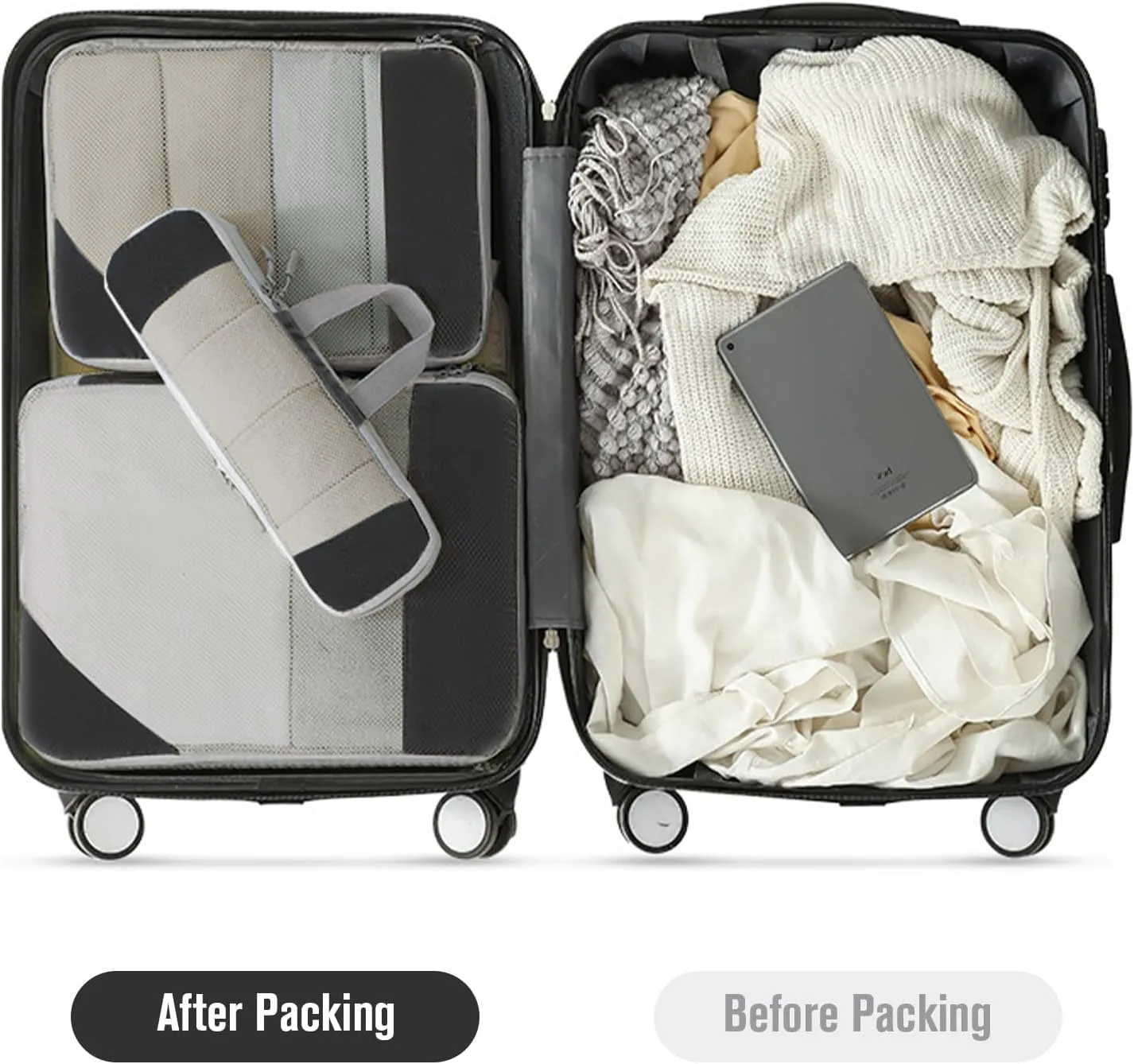 WOOMADA Compression Packing Cubes for Suitcases Travel Essentials 6 Set Rectangle Mesh Expandable Travel Bags Organizer for Luggage